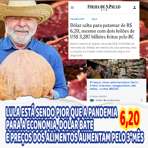 ECONOMIA: LULA ESTÁ SENDO PIOR QUE A PANDEMIA, DÓLAR SUPERA OS 6,20R$ E PREÇO DOS ALIMENTOS AUMENTAM PELO TERCEIRO MÊS SEGUIDOS